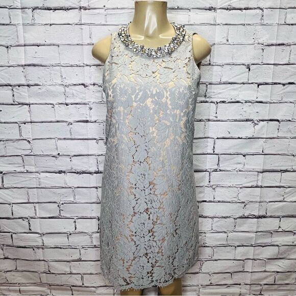 Eliza J Light Grey Lace Rhinestone Neckline Dress - Picture 1 of 10